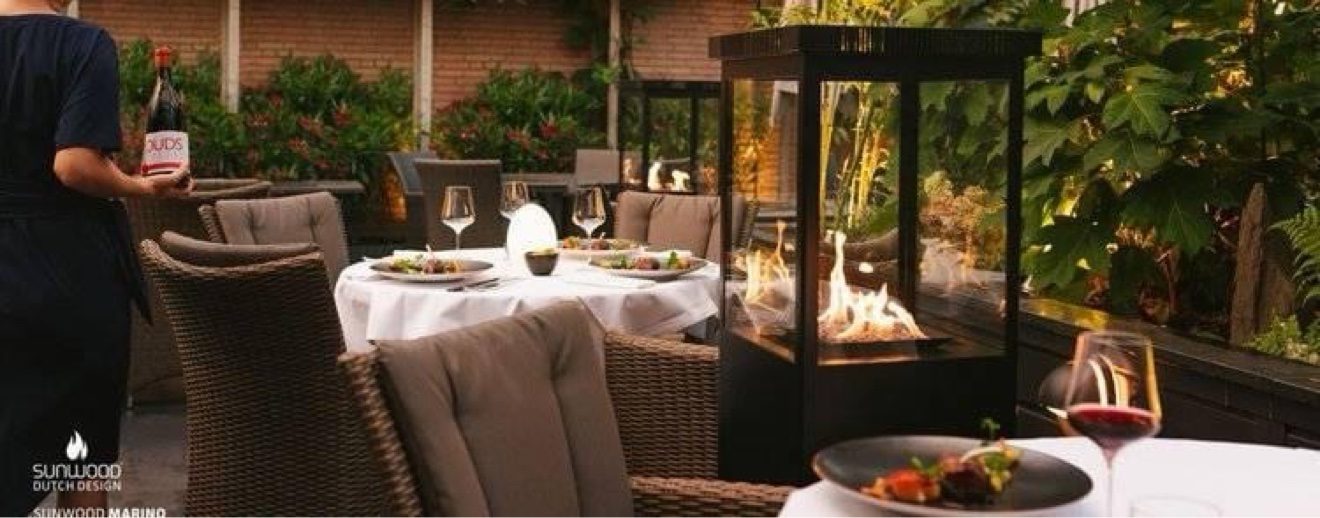 Sunwood Marino flame heater beside a restaurant table